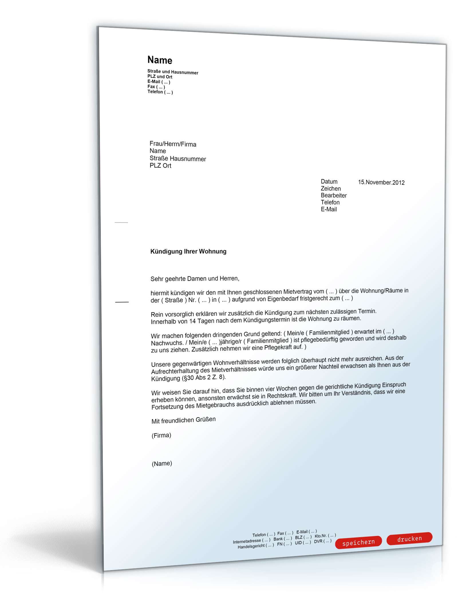 Kündigung wegen Eigenbedarf an einen Mieter PDF