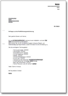Anfrage wegen eines Angebotes für eine Autoversicherung Word