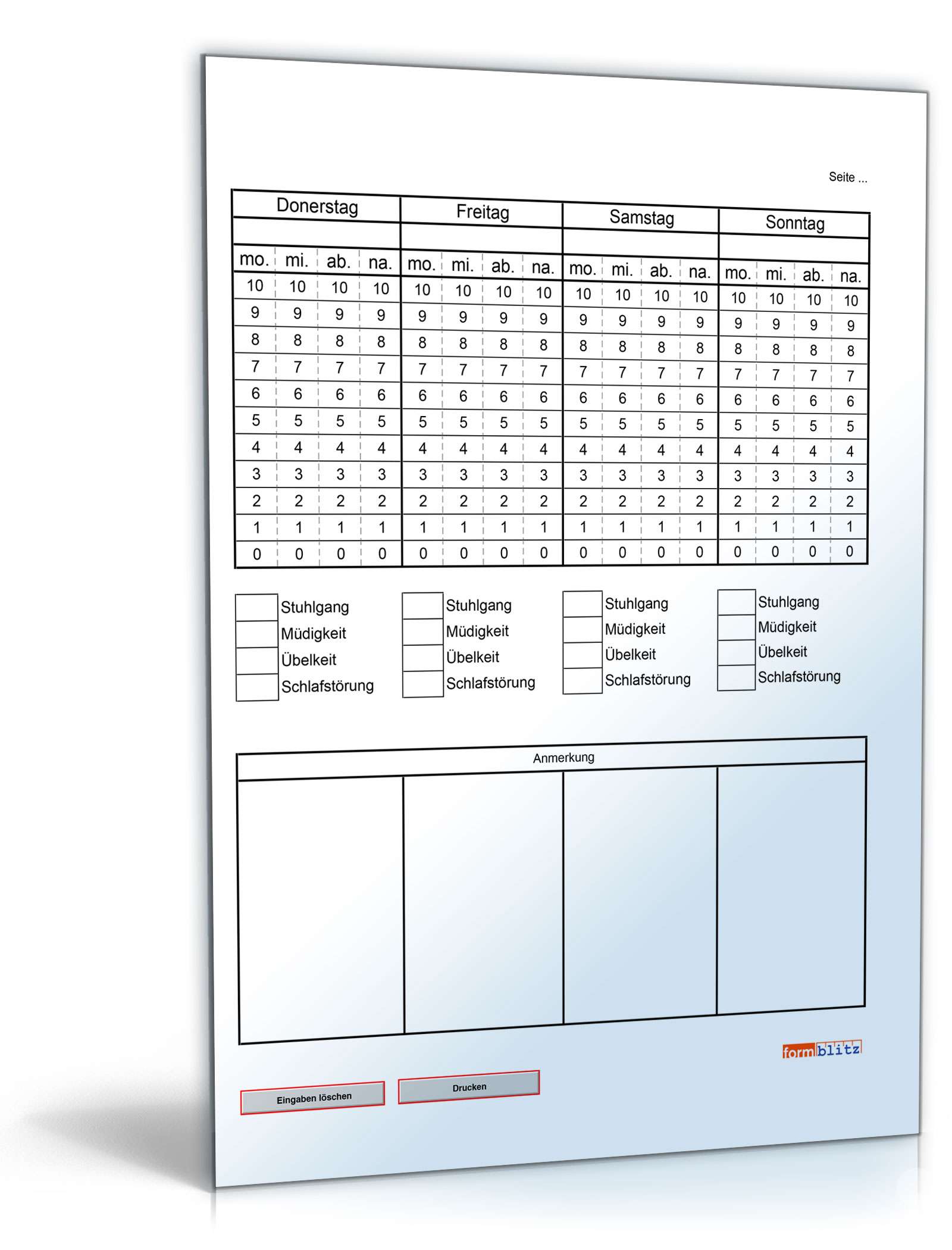 Schmerztagebuch (für eine Woche) PDF. Seite: 4