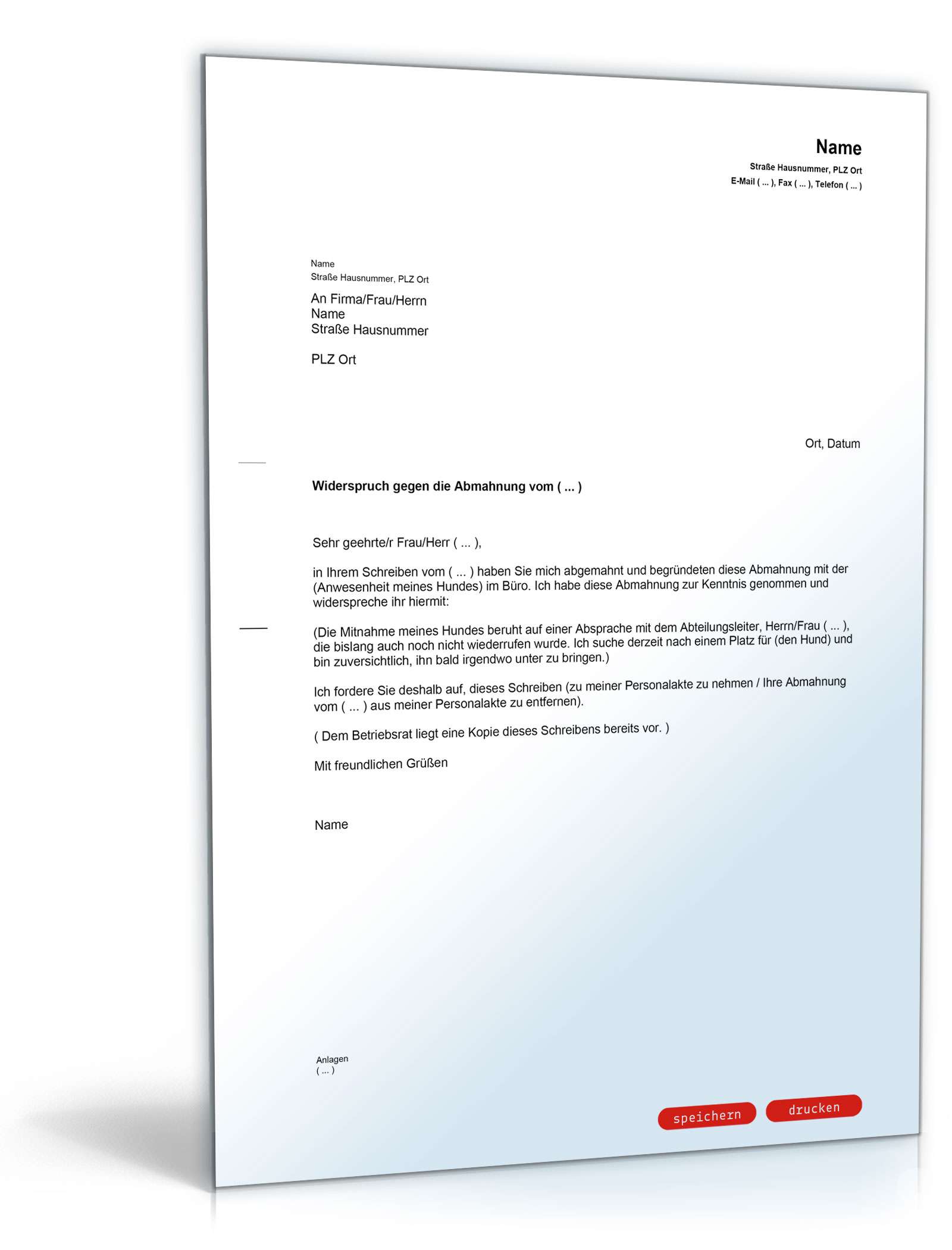 Gegendarstellung zur Abmahnung wegen unerlaubter Tierhaltung am Arbeitsplatz PDF