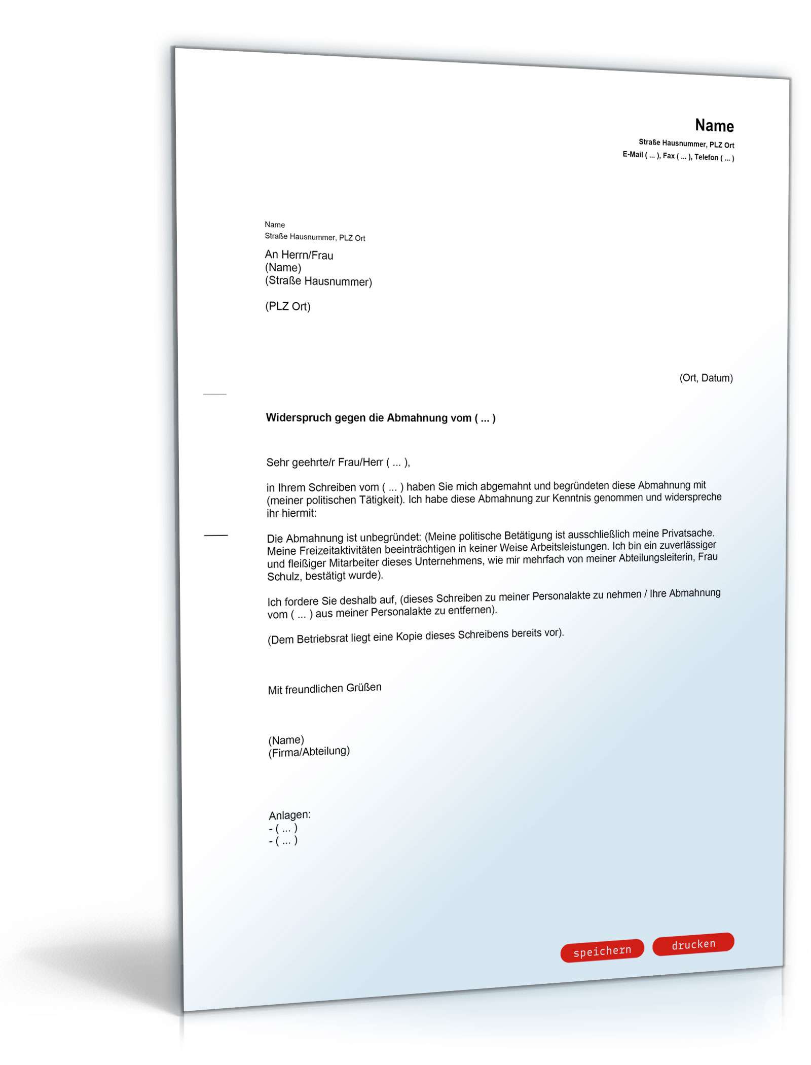 Gegendarstellung zur Abmahnung wegen unerlaubter politischer Betätigung PDF