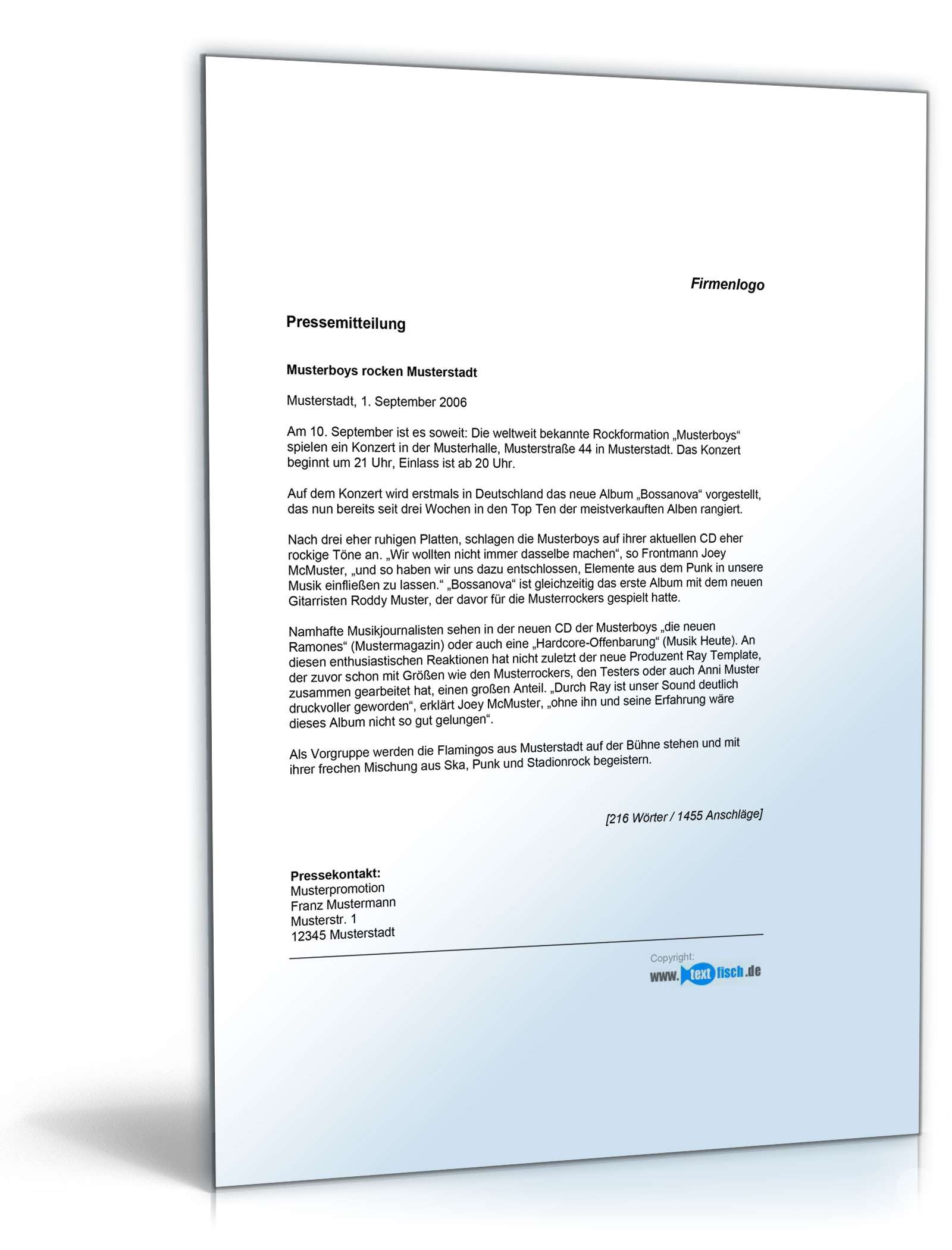 Pressemitteilung zur Ankündigung eines Konzerts