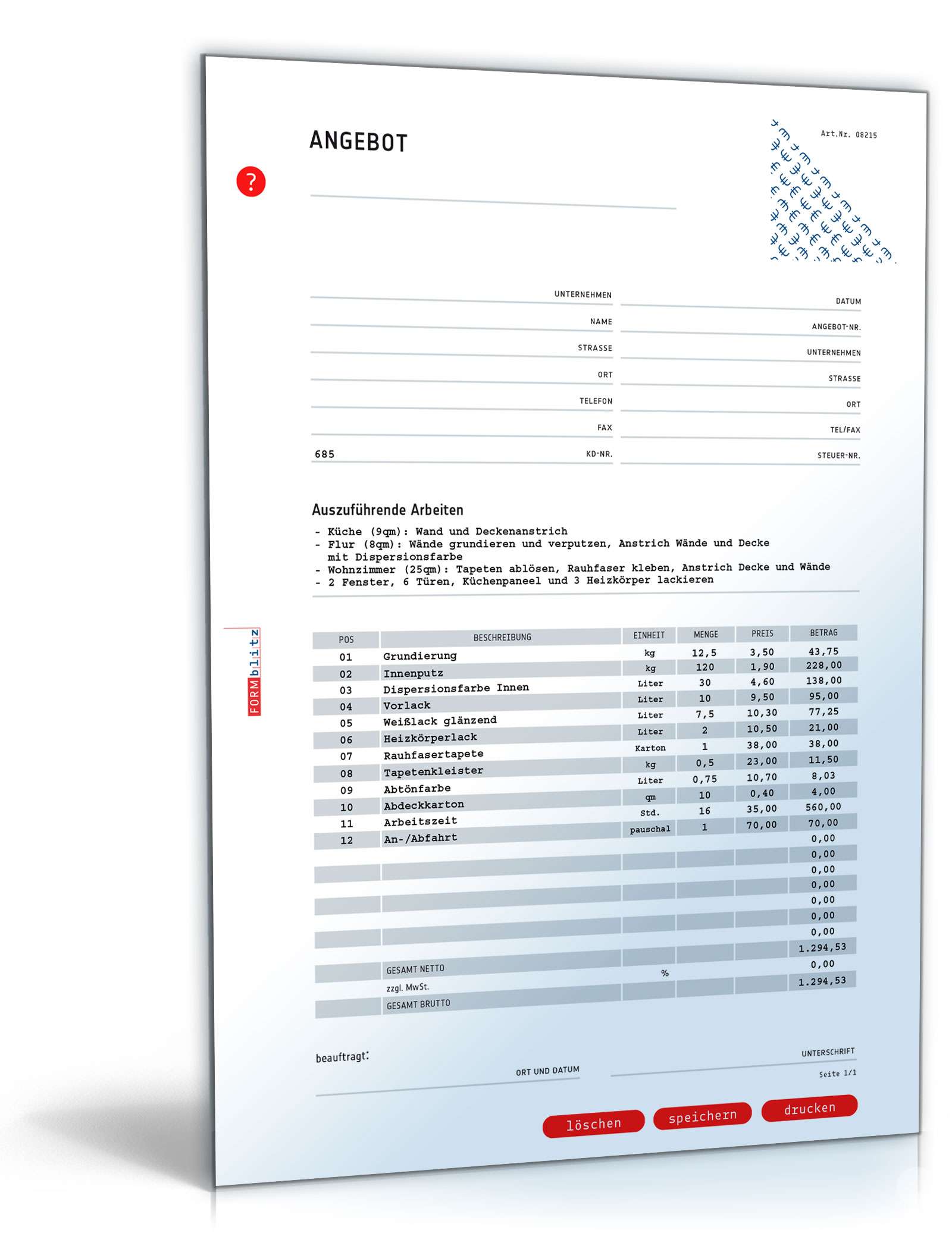 Angebot eines Malerbetriebs PDF