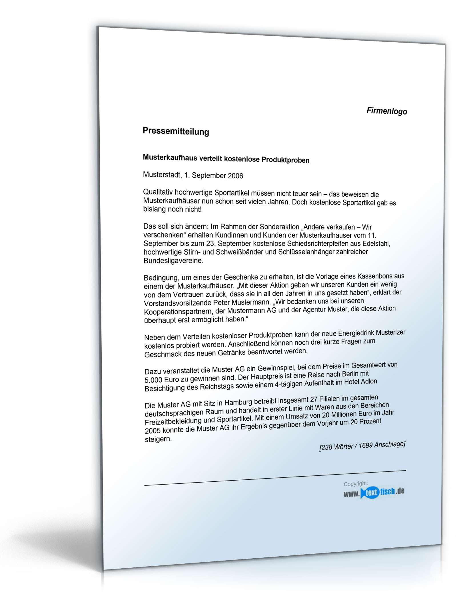 Pressemitteilung über kostenlose Produktproben (Unternehmen)