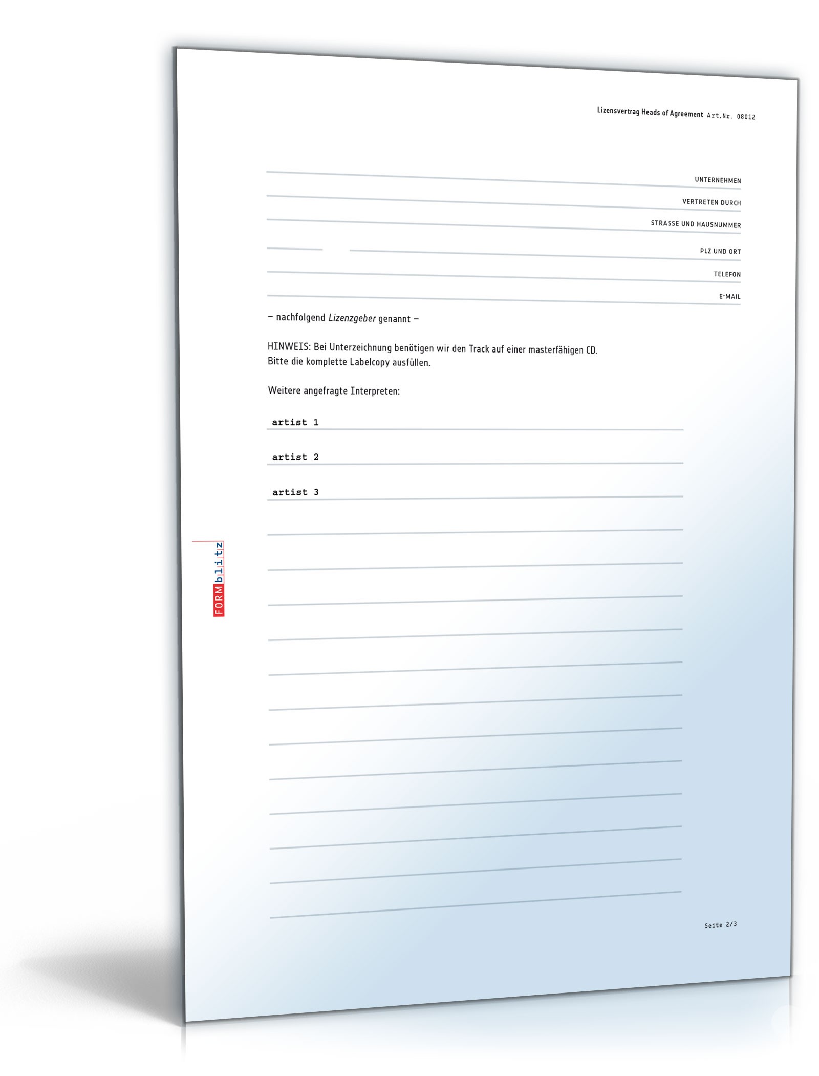 Lizenzvertrag mit Labelcopy - Heads of Agreement PDF. Seite: 2