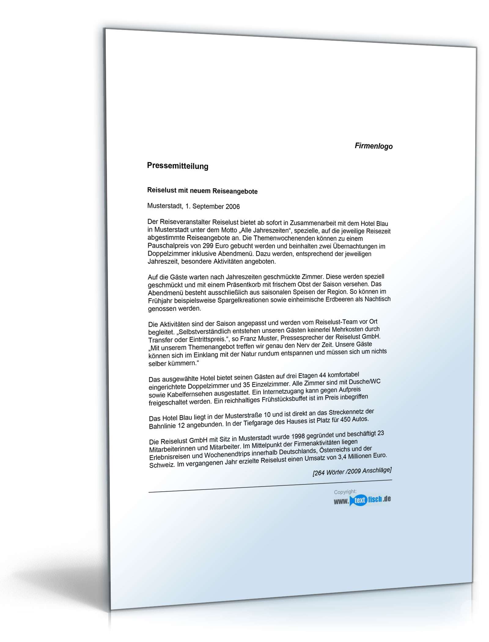 Pressemitteilung über neues Reiseangebot (Reiseveranstalter)