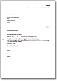 Anfrage an ein Fremdenverkehrsamt wegen Informationsmaterial Word