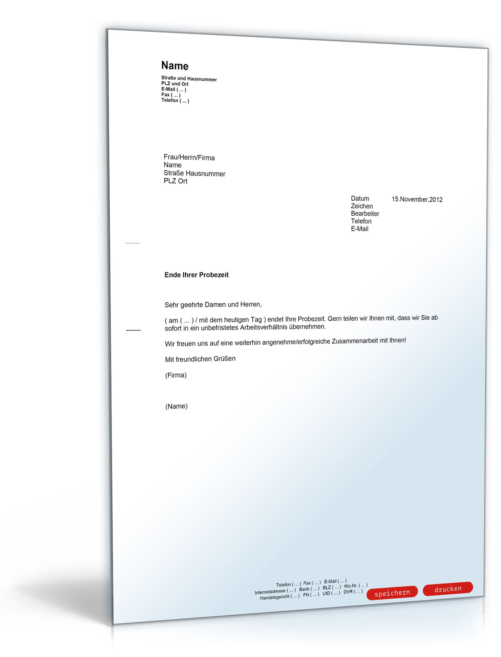 Übernahme in ein unbefristetes Arbeitsverhältnis (nach bestandener Probezeit) PDF