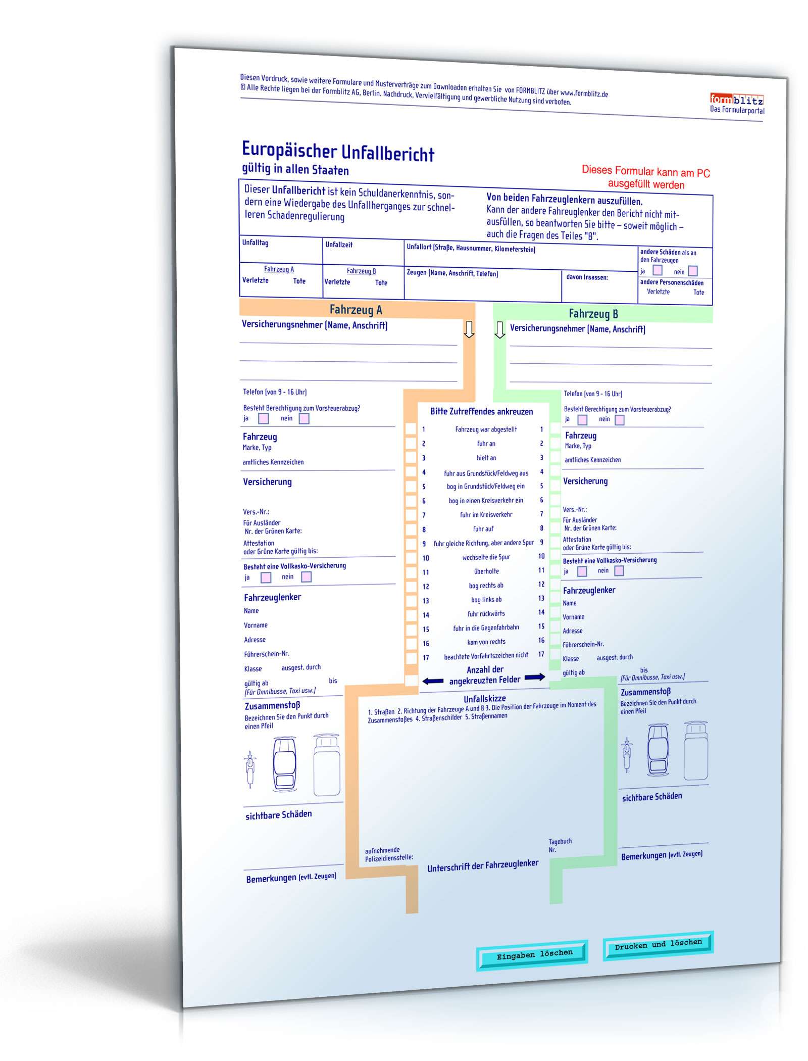 Europäischer Unfallbericht mit Schadensmeldung an die Kfz-Versicherung PDF. Seite: 2