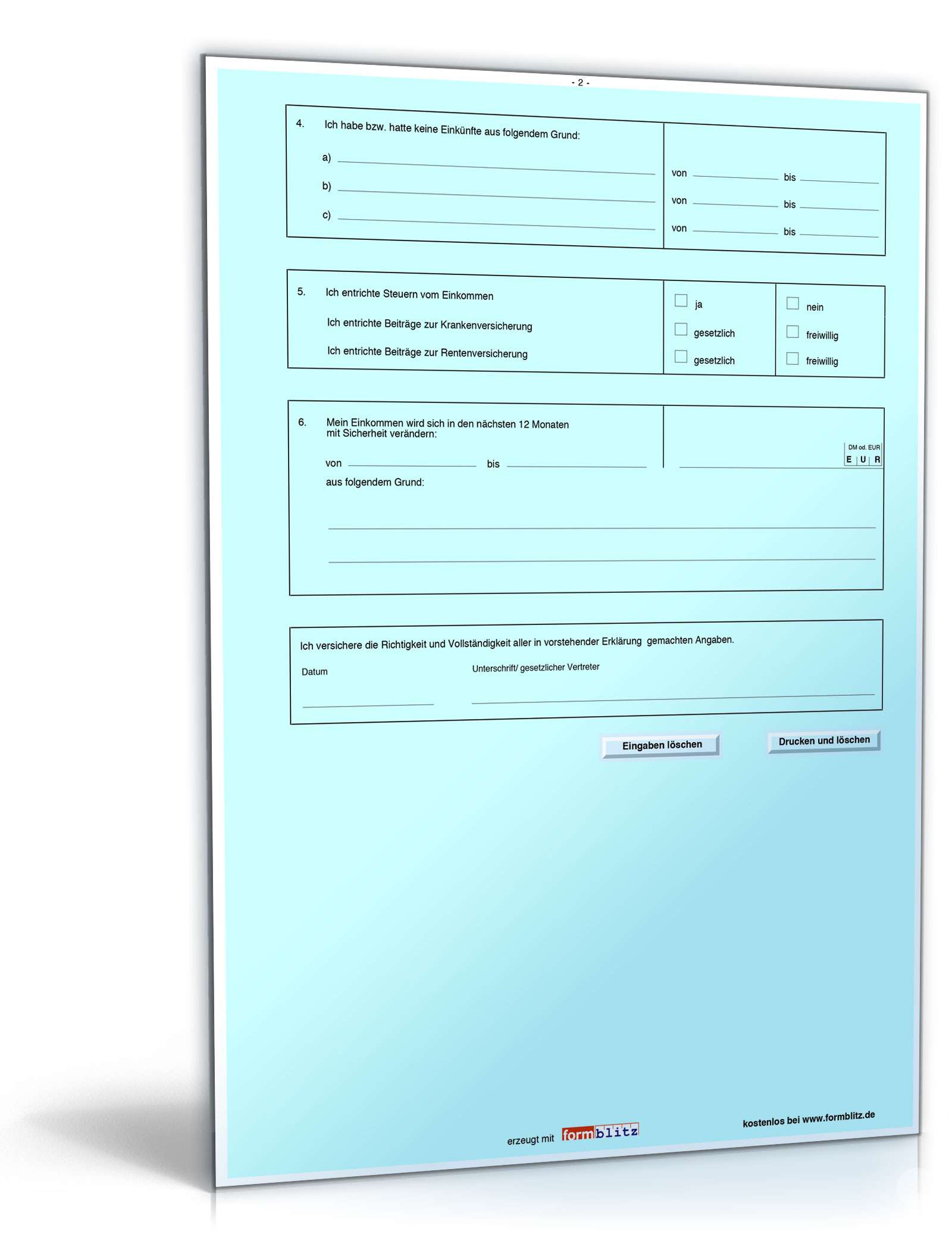 Einkommenserklärung für den Antrag auf einen Wohnberechtigungsschein WBS PDF. Seite: 2
