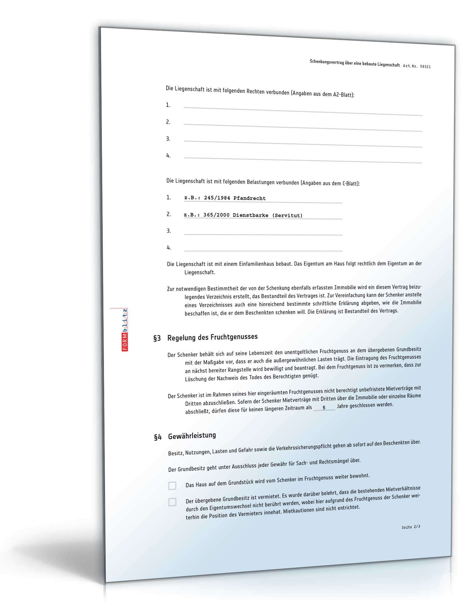 Schenkungsvertrag über eine bebaute Liegenschaft mit Fruchtgenuss PDF. Seite: 2