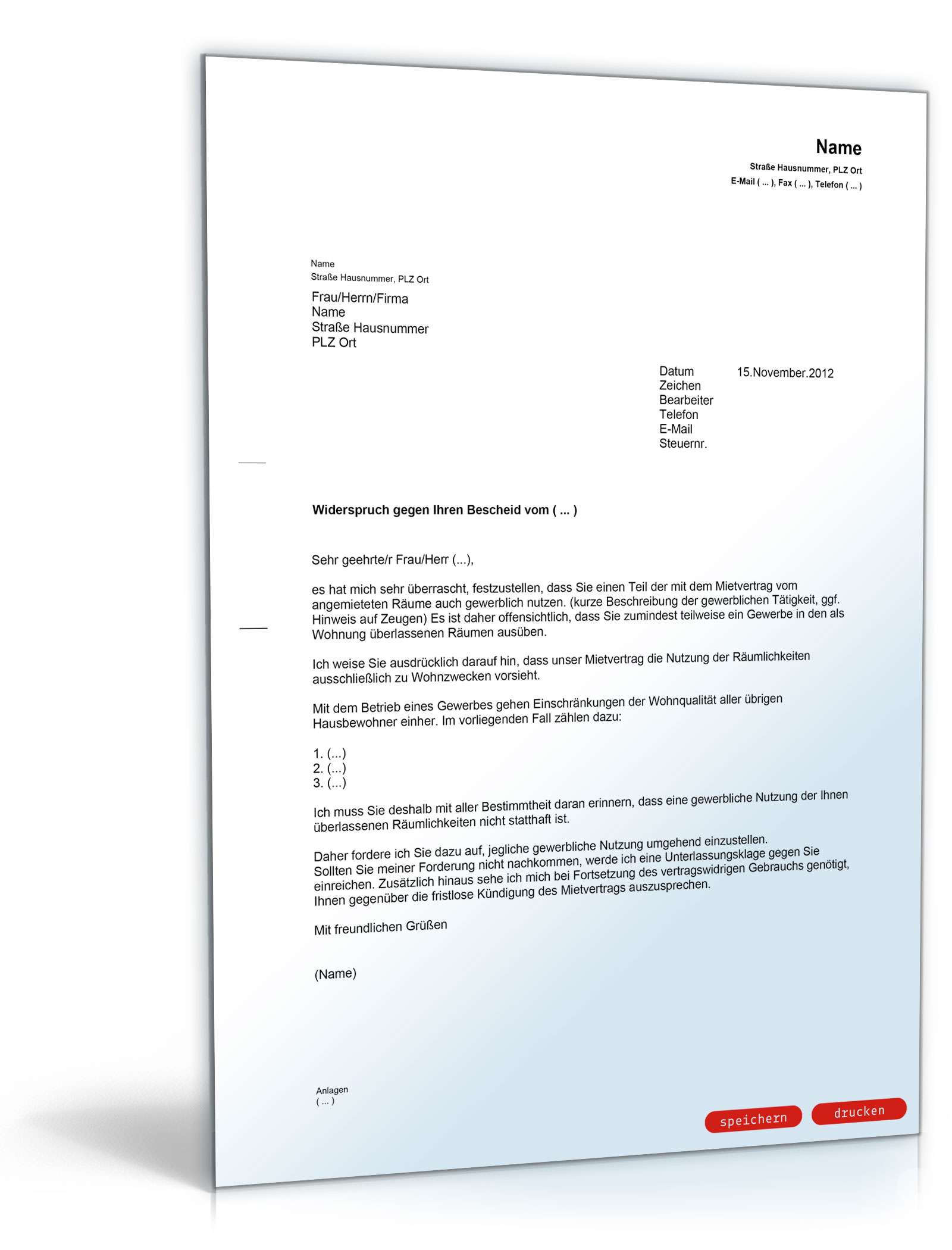 Abmahnung eines Mieters wegen unerlaubter gewerblicher Nutzung von Wohnräumen