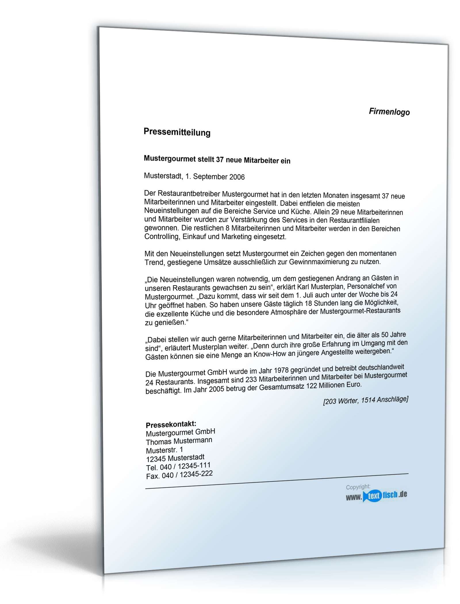 Pressemitteilung über Einstellung neuer Mitarbeiter (Dienstleistung, Restaurant) PDF