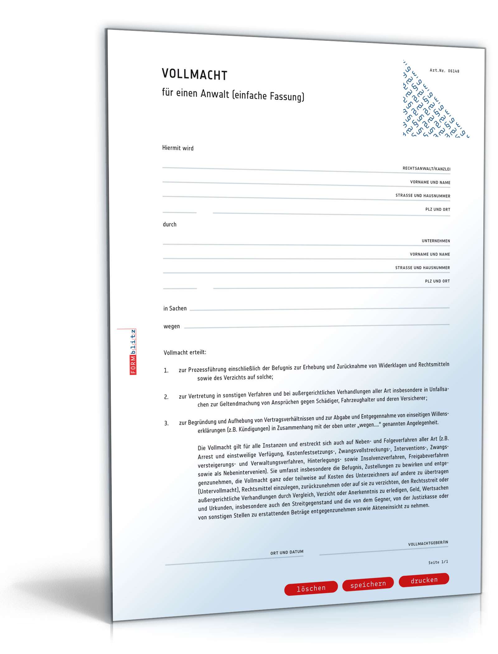 Vollmacht für einen Anwalt (einfache Fassung) PDF