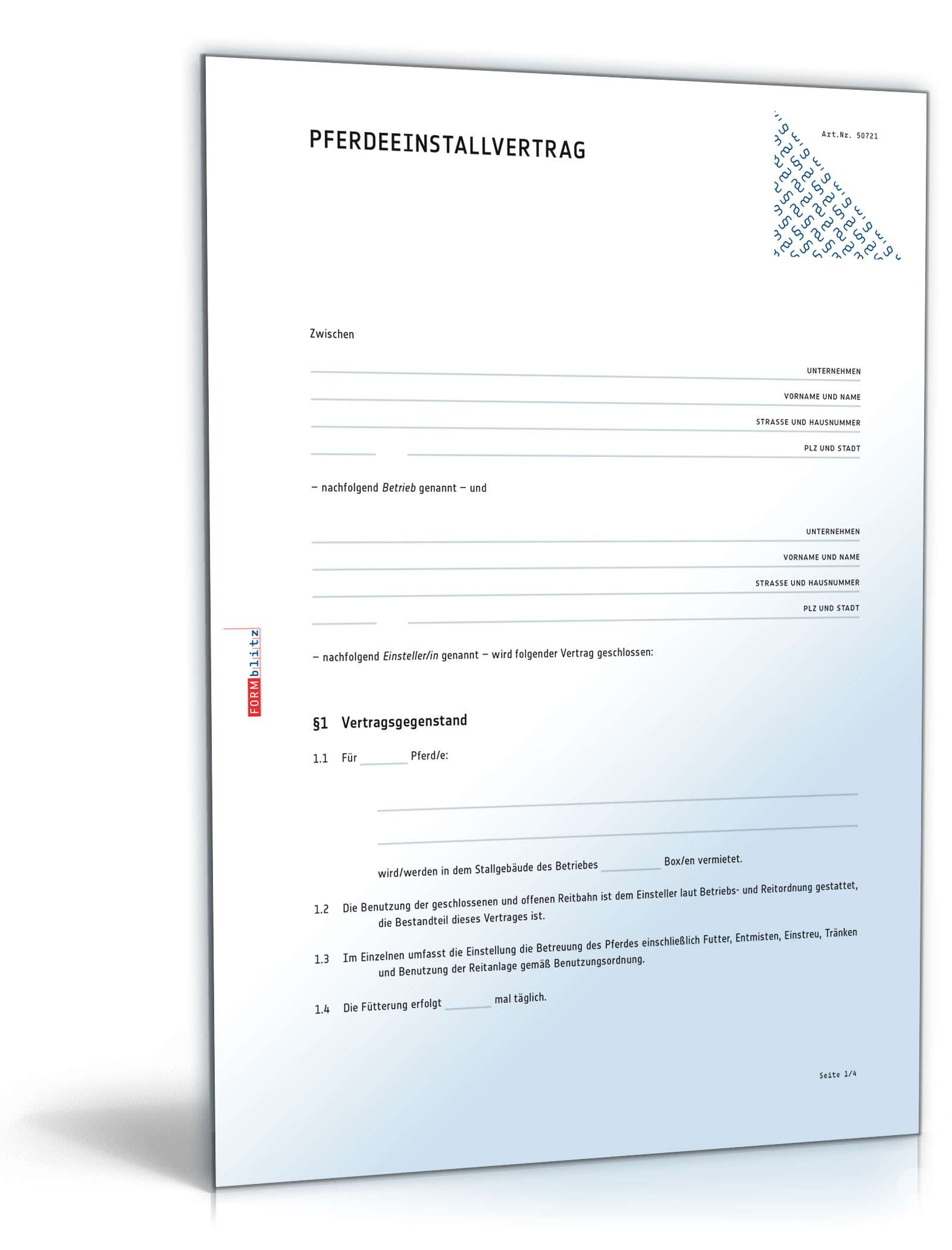 Einstellvertrag (auch: Einstallvertrag) für Pferde PDF