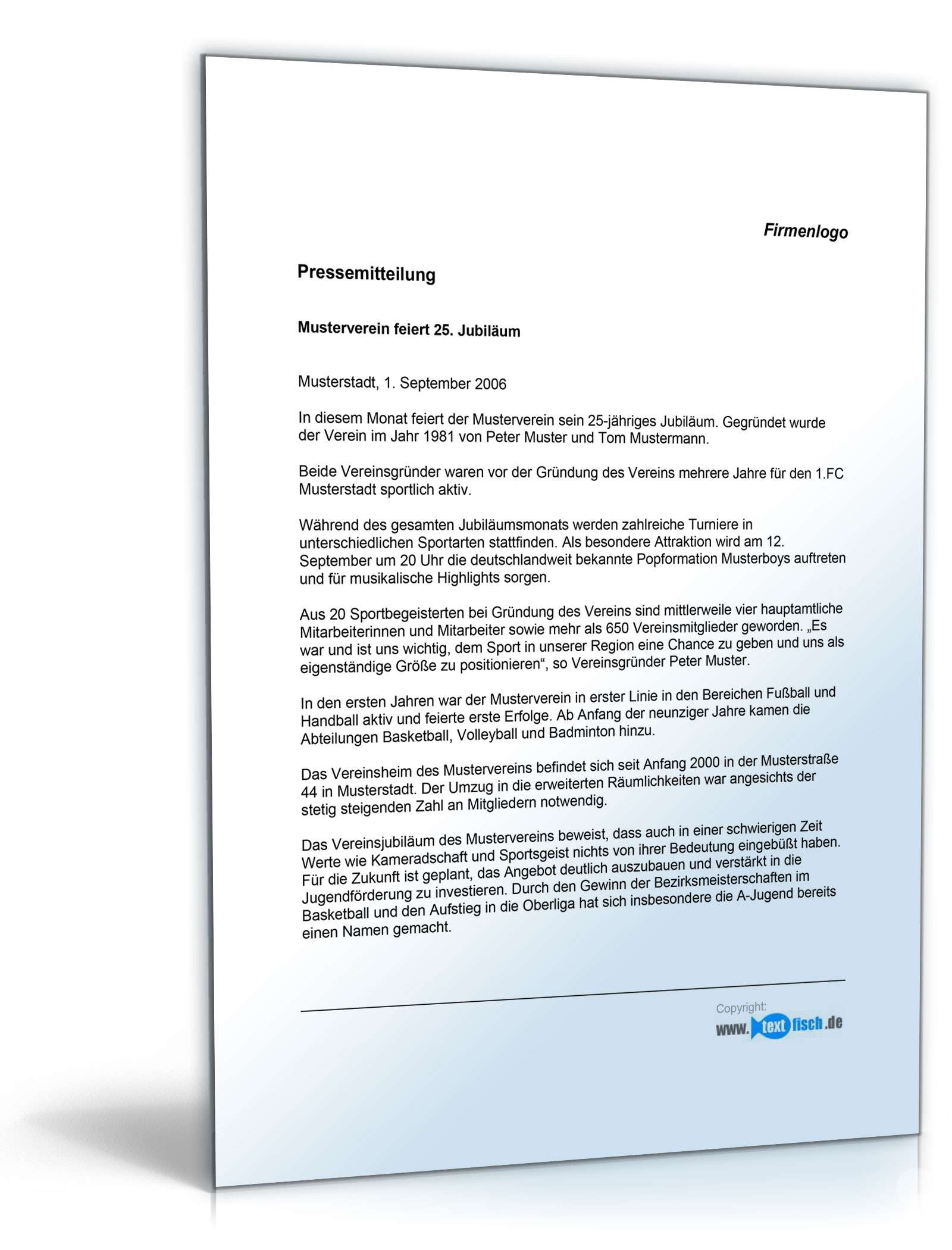 Pressemitteilung Jubiläum (Sportverein)