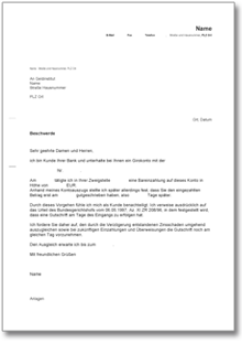 Beschwerde bei einer Bank wegen verspäteter Gutschrift Word