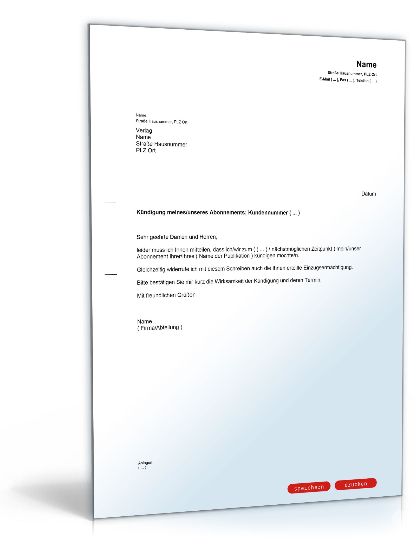 Kündigung Abonnement (mit Rücknahme der Einzugsermächtigung) PDF