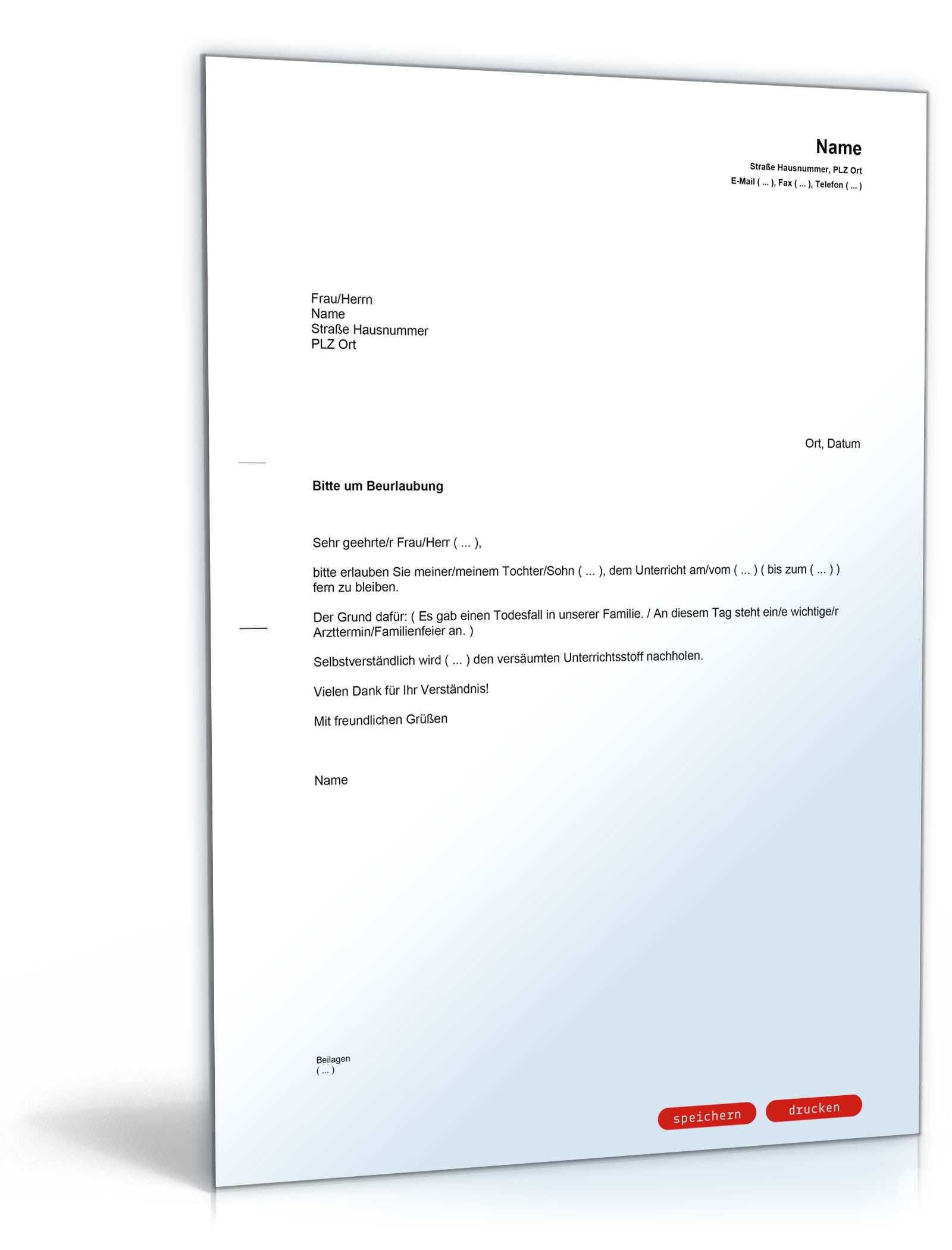 Bitte um Beurlaubung eines Kindes von der Schule PDF