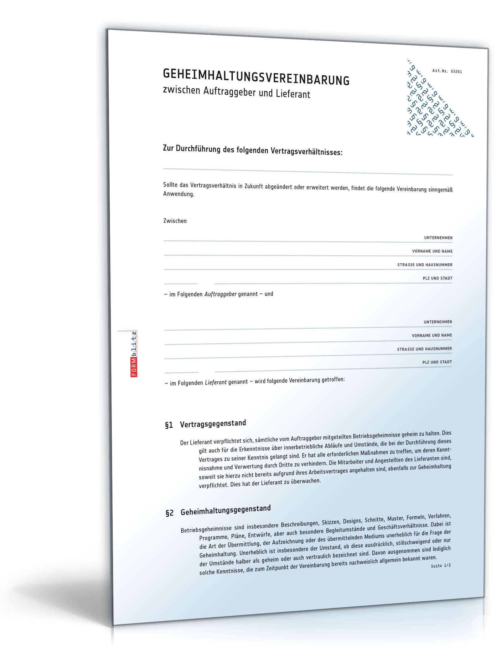 Geheimhaltungsvereinbarung zwischen Auftraggeber und Lieferant PDF