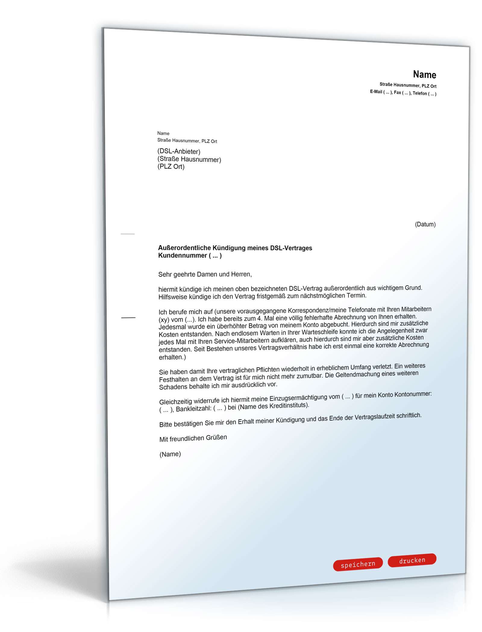 Außerordentliche Kündigung eines DSL-Vertrages PDF