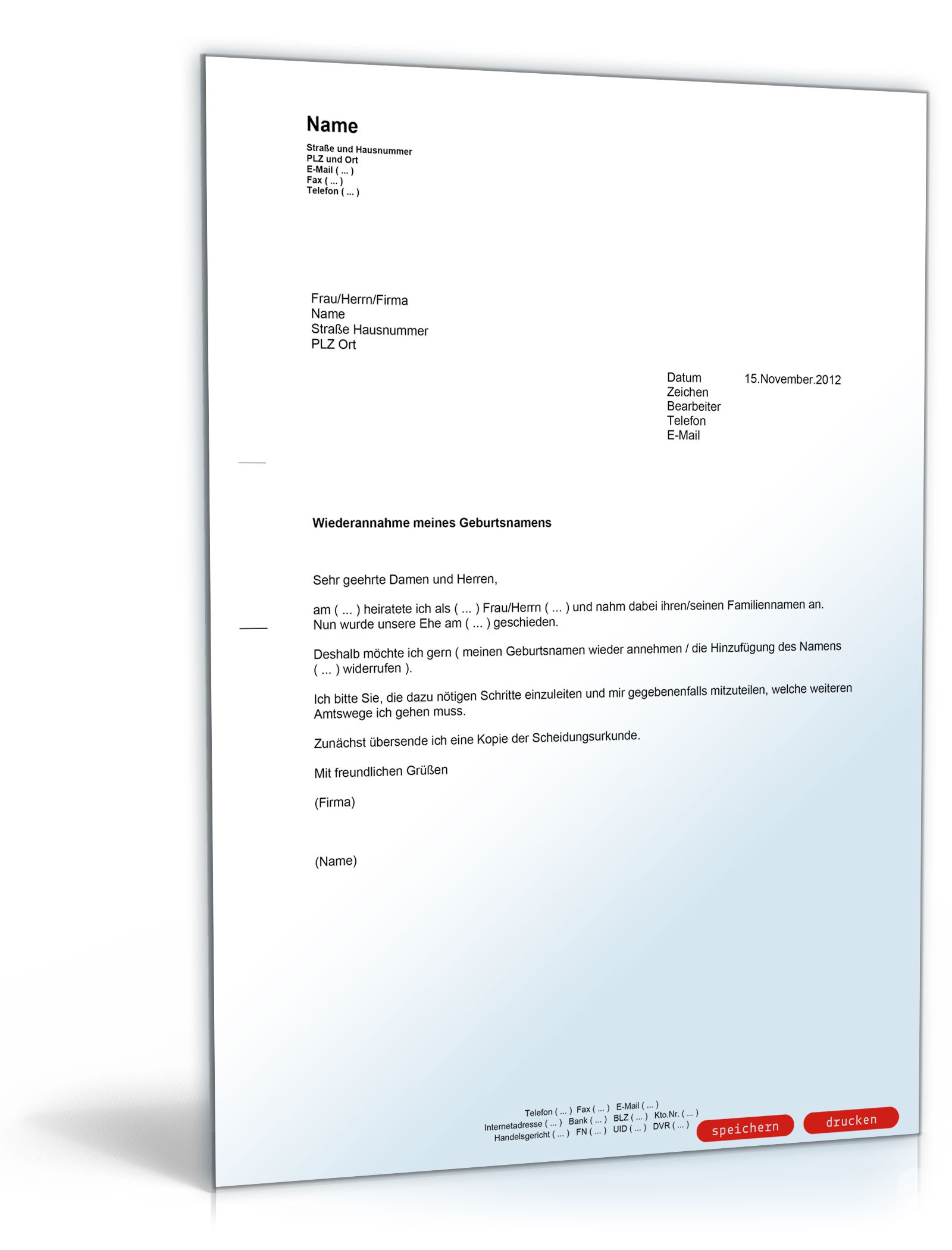 Antrag auf Wiederannahme des Geburtsnamens nach einer Scheidung PDF