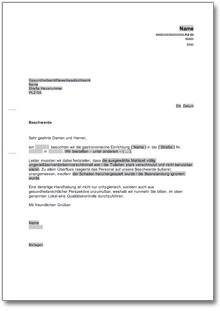 Beschwerde über eine Gaststätte wegen Gefährdung der Gesundheit Word