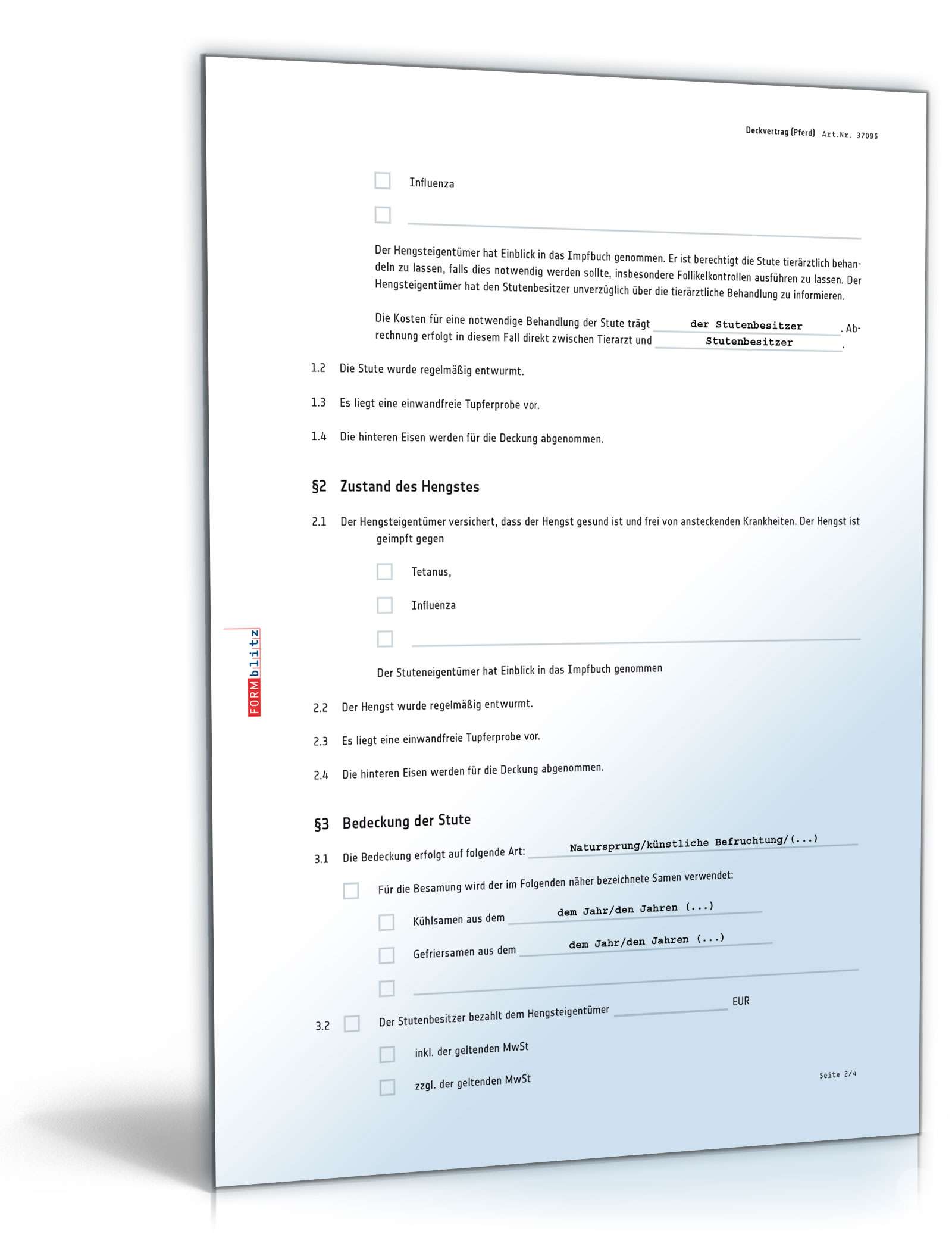 Deckvertrag Pferd PDF. Seite: 2