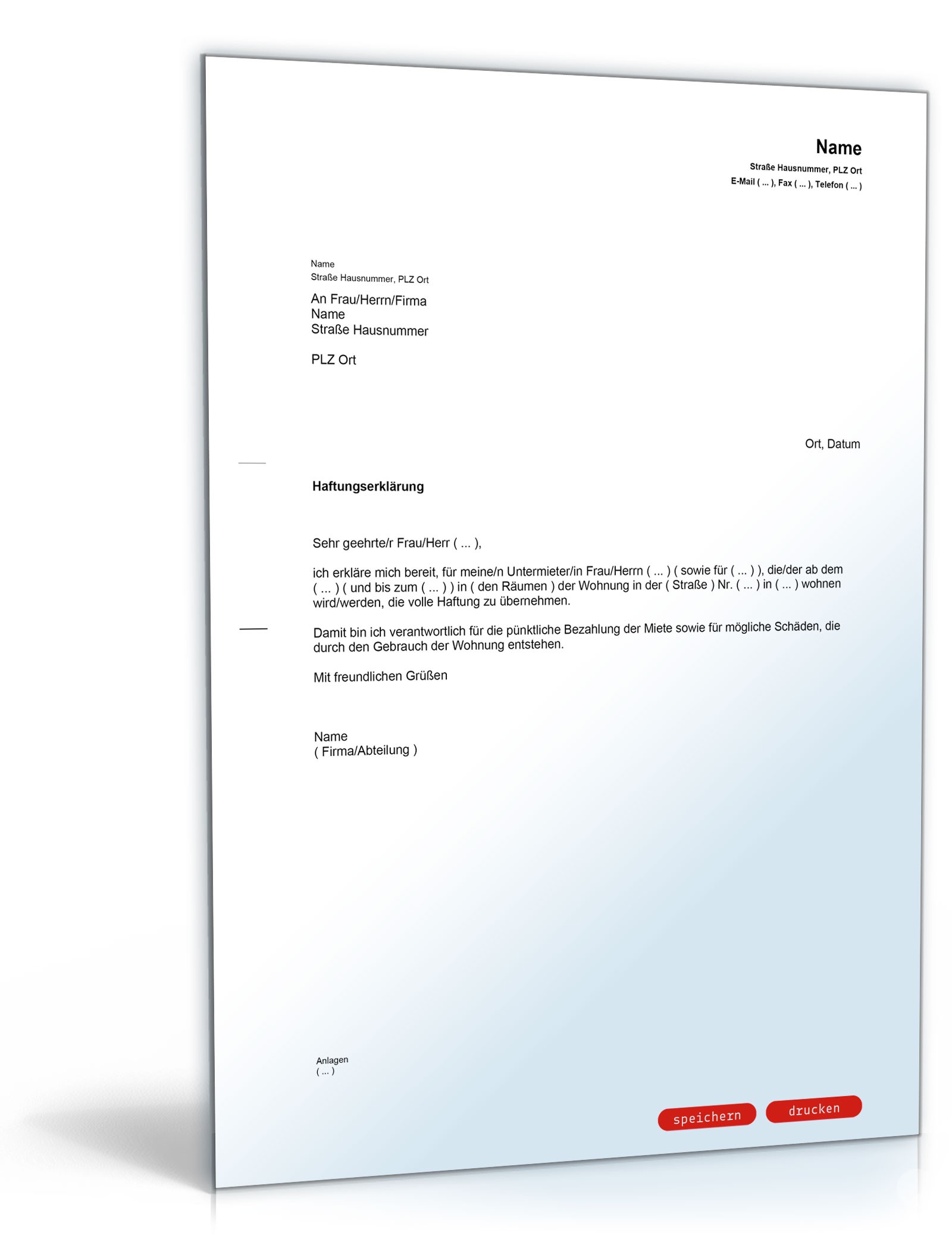 Erklärung des Mieters über die Haftung für den Untermieter PDF