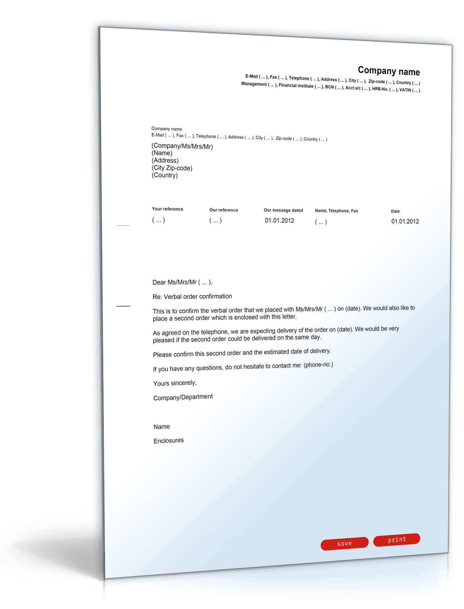 Bestätigung eines telefonischen Auftrags (englisch/deutsch) PDF