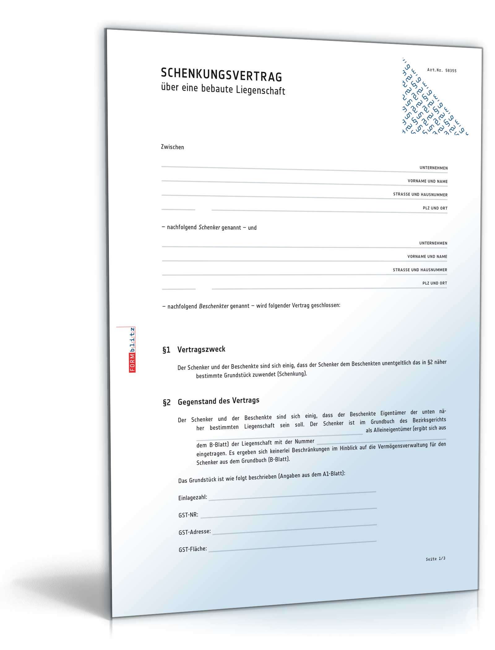 Schenkungsvertrag über eine bebaute Liegenschaft PDF
