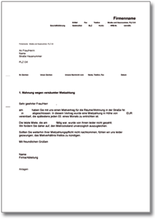 Mahnung wegen Versäumnis pünktlicher Mietzahlung Word