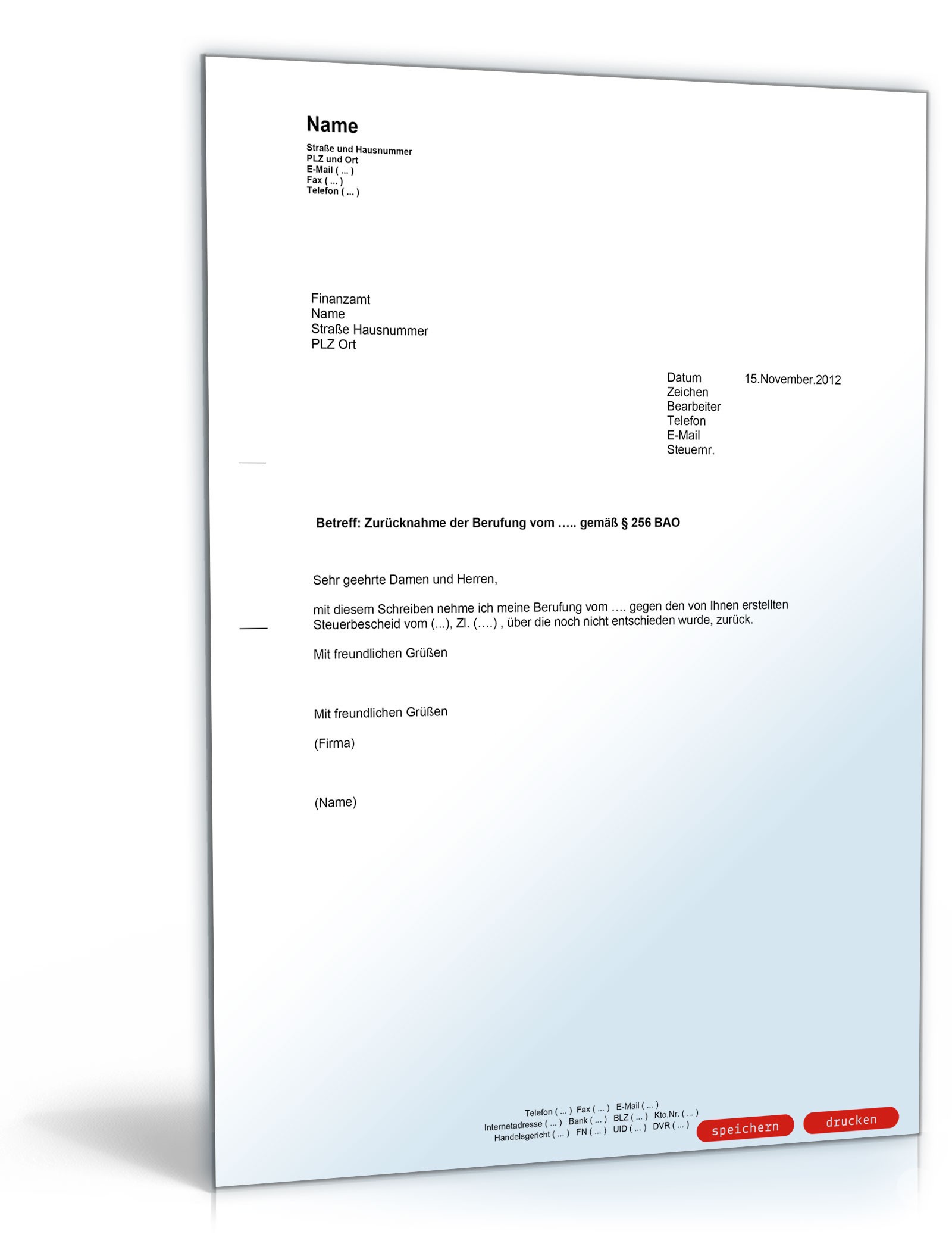 Zurücknahme der Beschwerde gegen einen Steuerbescheid PDF