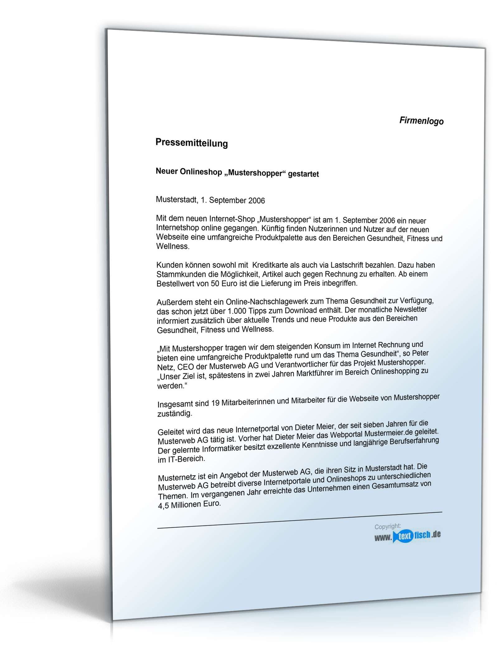 Pressemitteilung Launch eines Internetportals (Shop)