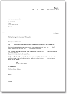 Aufforderung zur Rückzahlung der Mietkaution Word