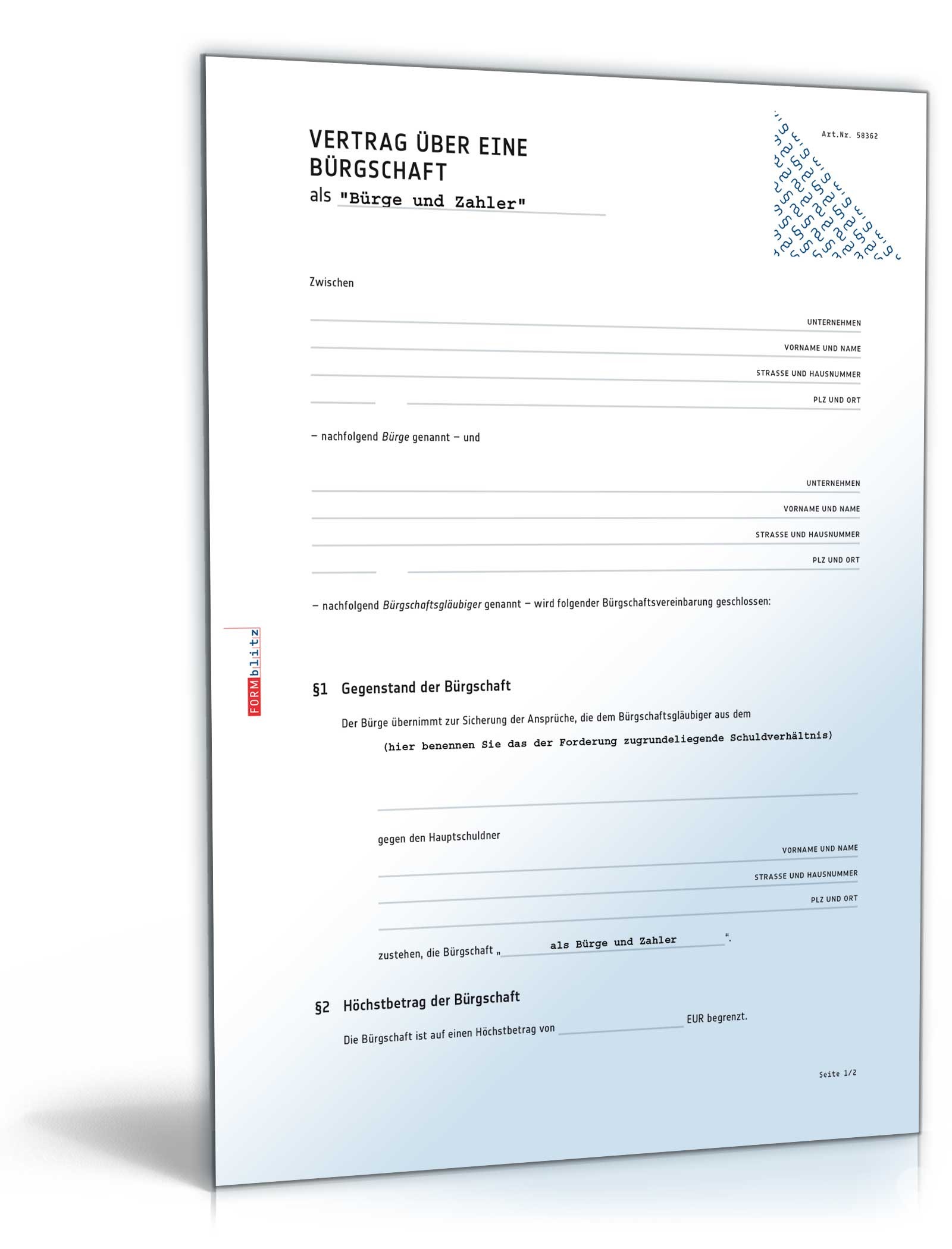 Bürgschaftsvertrag (als Bürge und Zahler) PDF