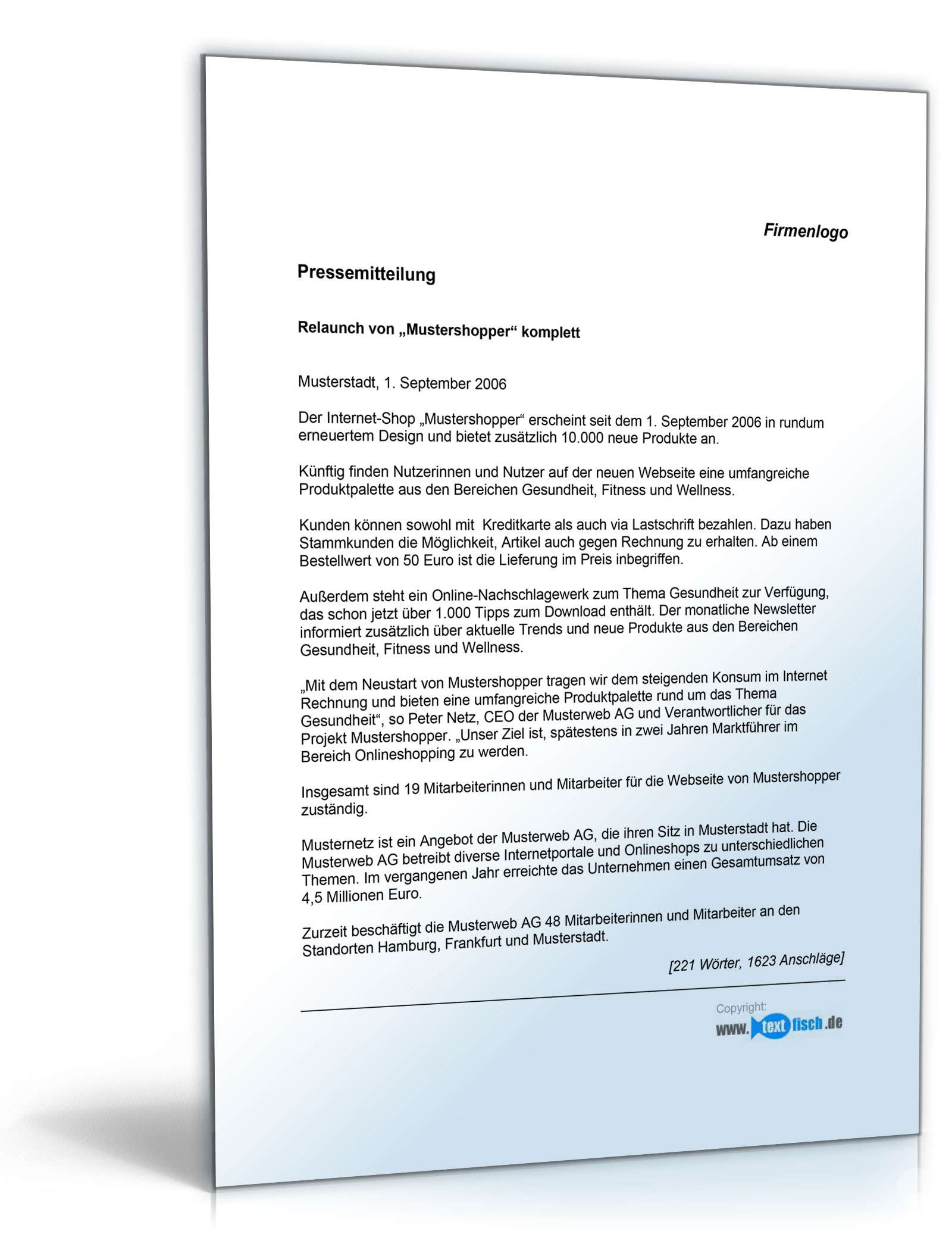 Pressemitteilung Relaunch eines Internetportals (Shop)