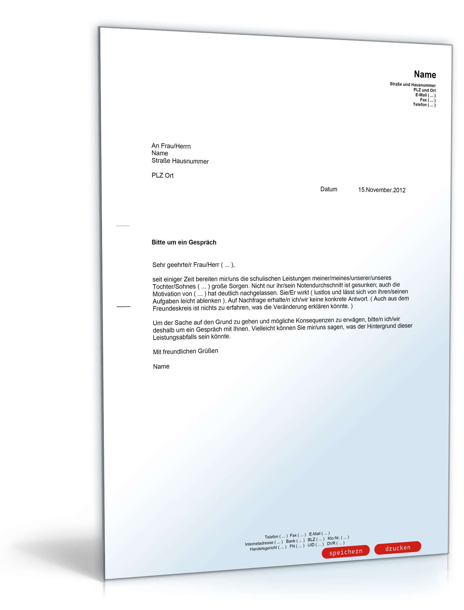 Bitte um ein Lehrer-Eltern-Gespräch PDF