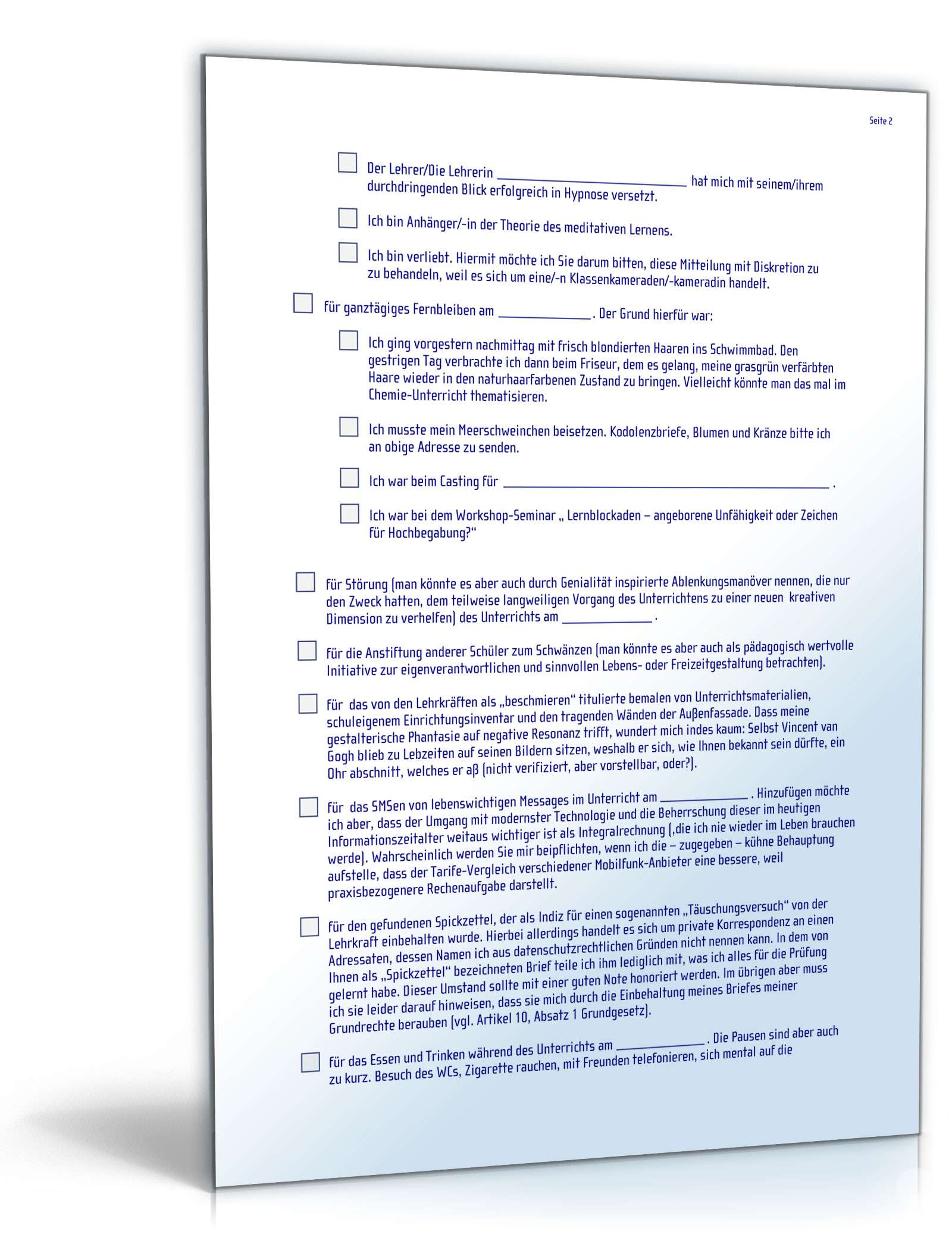 Universal-Entschuldigung für die Schule PDF. Seite: 2