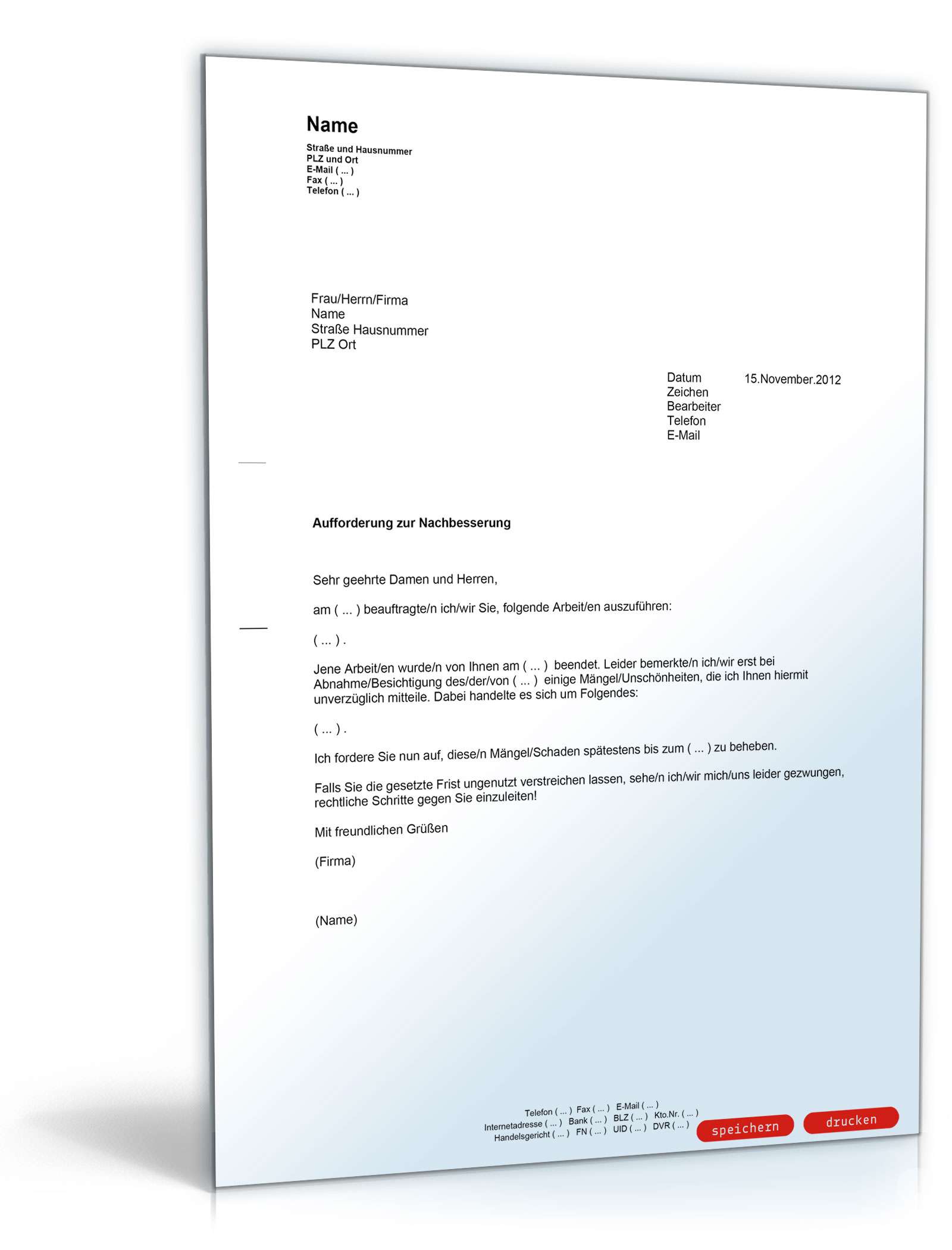 Aufforderung zur Nachbesserung einer Dienstleistung PDF