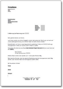 2. Mahnung mit dem Angebot von Ratenzahlung Word