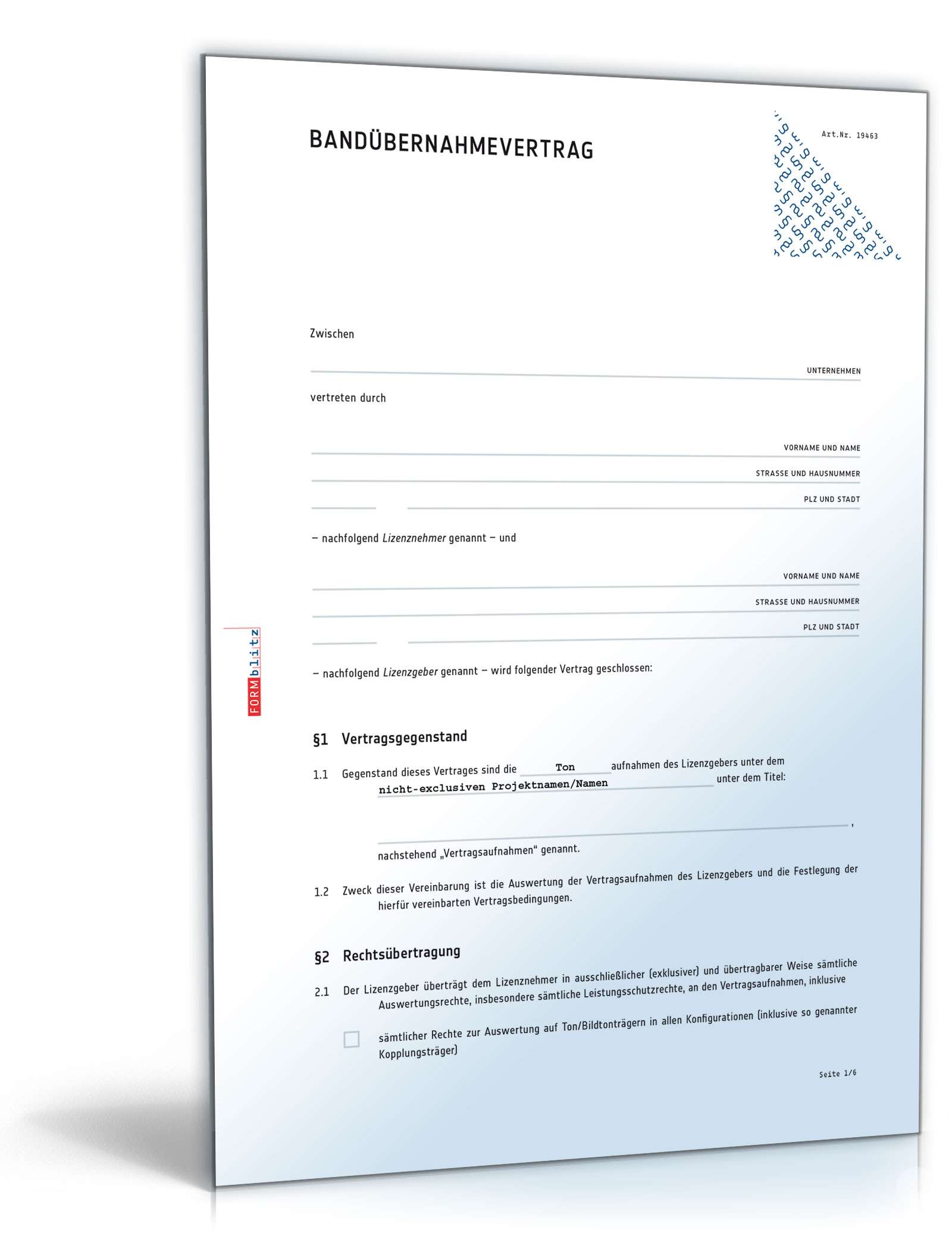 Bandübernahmevertrag mit Labelcopy PDF