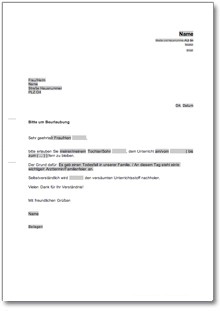 Bitte um Beurlaubung eines Kindes von der Schule Word