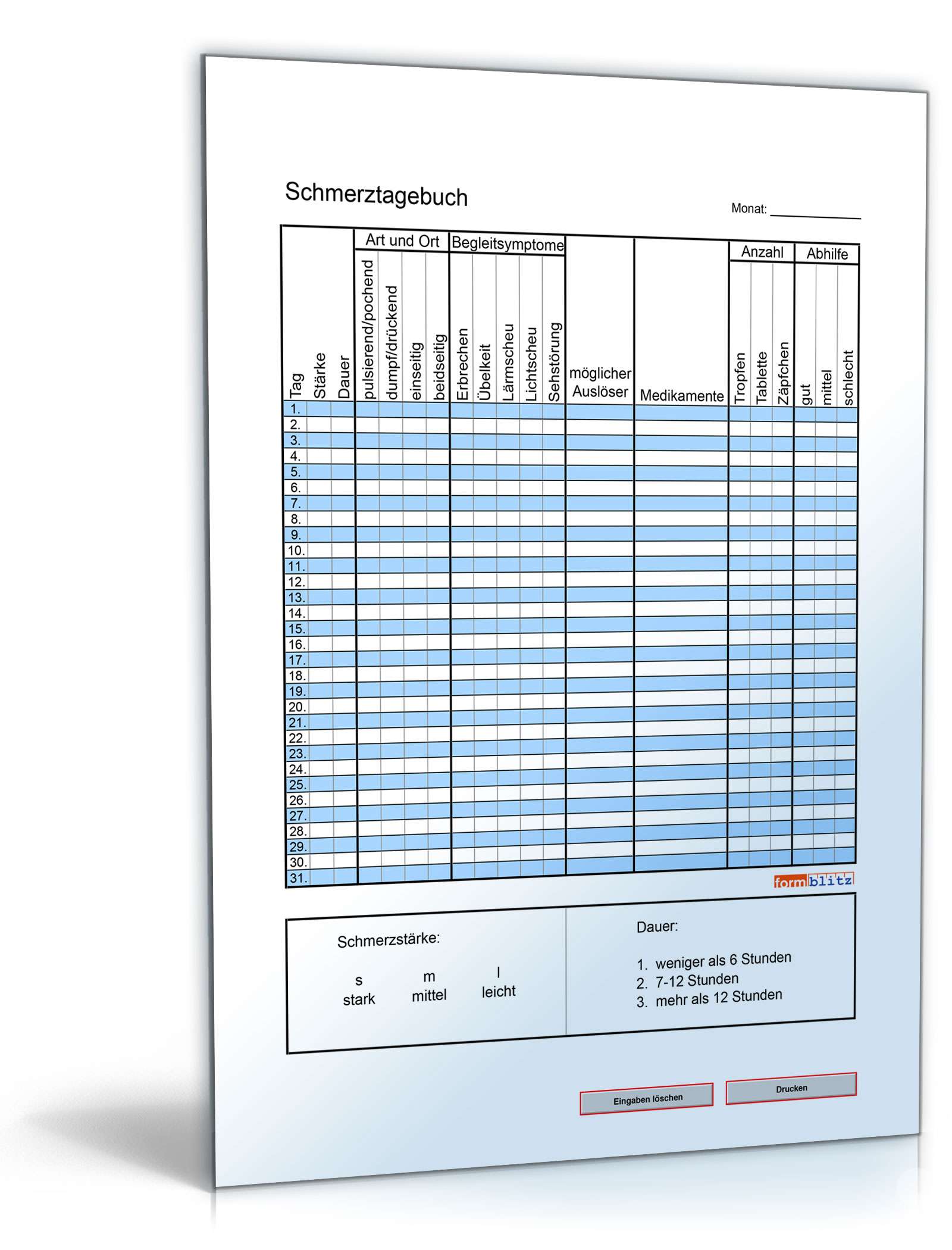 Schmerztagebuch (für einen Monat) PDF