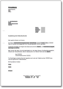 Bitte um Zusendung einer Geburtsurkunde (für ein neugeborenes Kind) Word