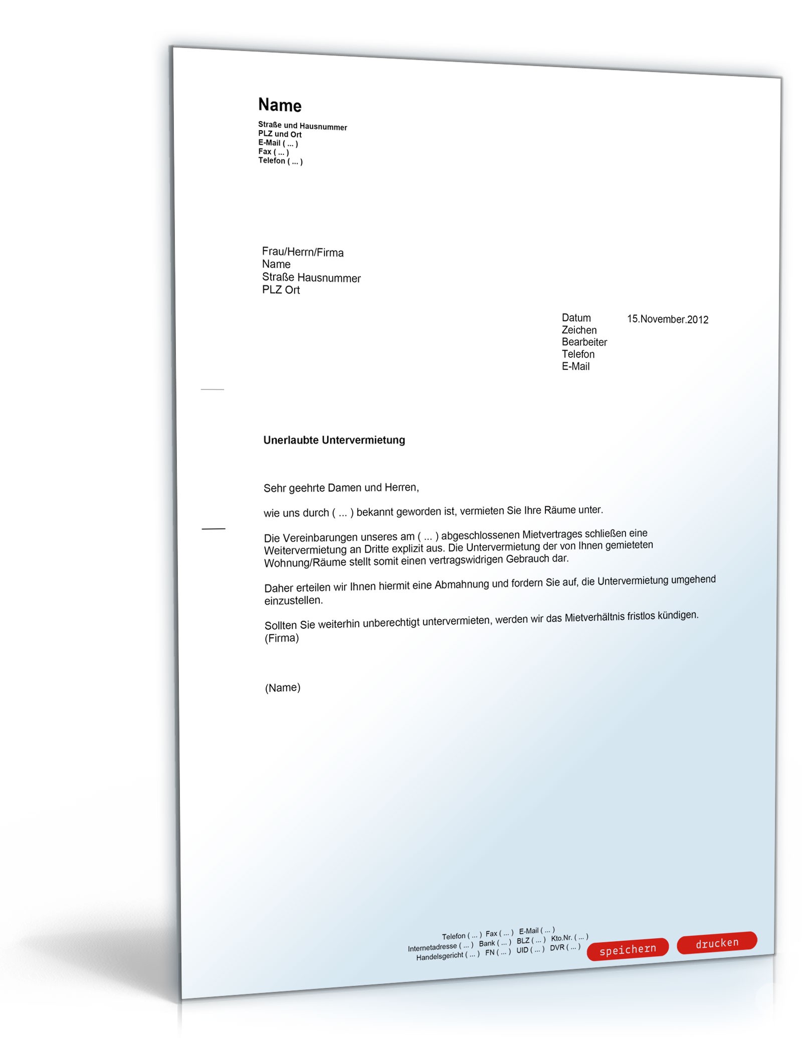 Unterlassungsaufforderung an einen Mieter PDF