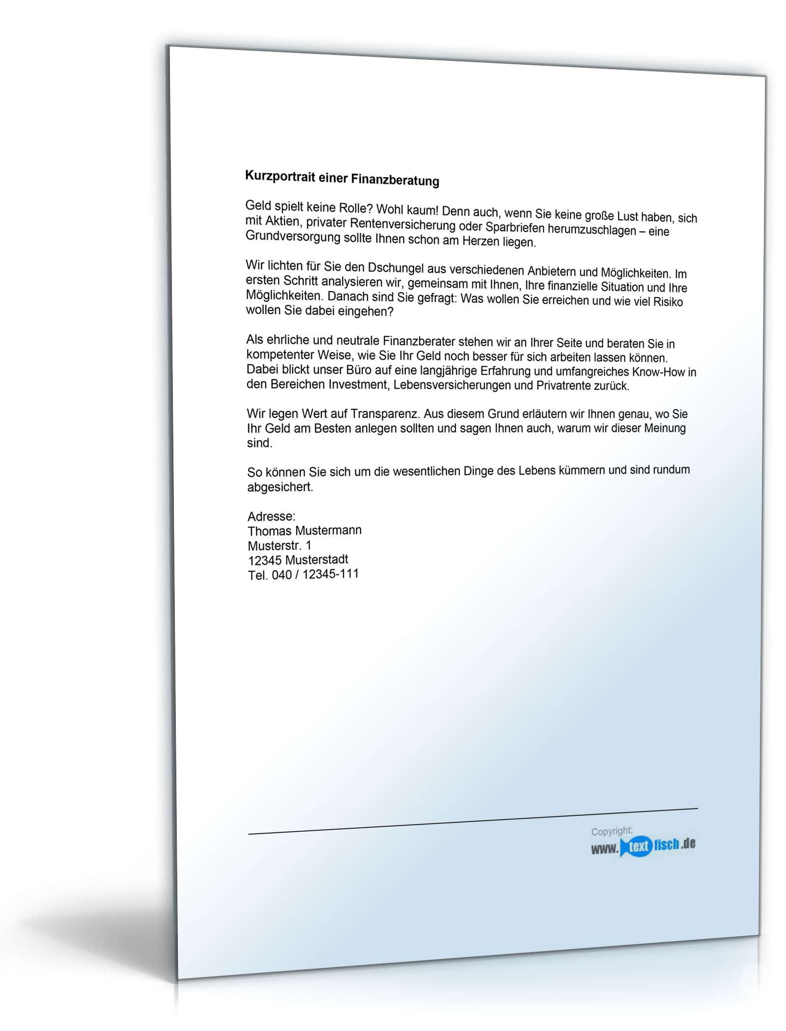 Werbetext für einen Finanzberater