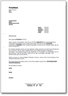 Abmahnung wegen unentschuldigten Fehlens Word