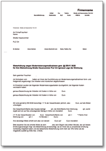 Mieterhöhung wegen wegen Erhaltungs-/Verbesserungsmaßnahmen Word