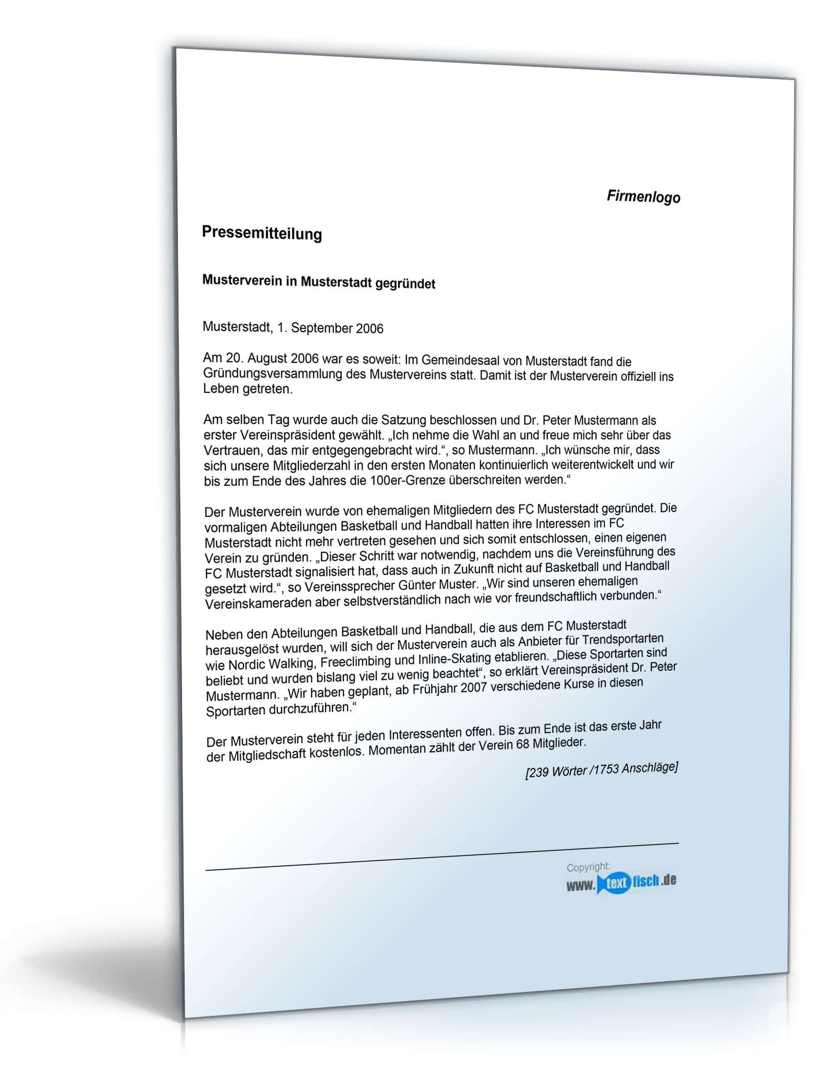 Pressemitteilung Bekanntgabe einer Vereinsgründung (Sportverein)